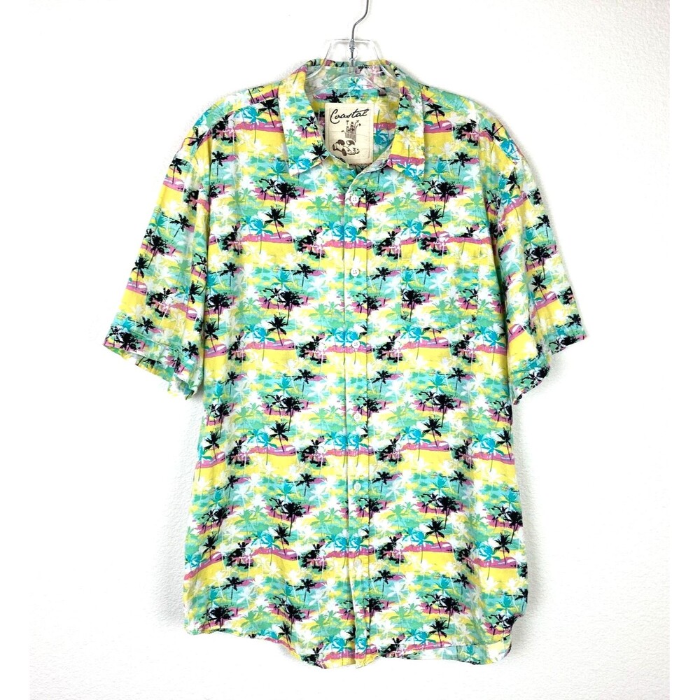 Coastal Men's Camp Shirt Button Up Size XL Cotton Green Yellow Tropical